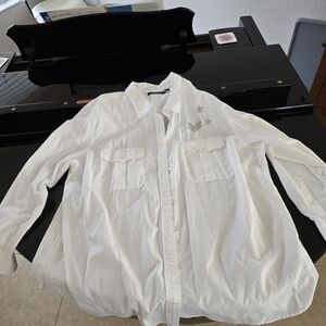 LAUREN RALPH LAUREN Military Style Shirt Womens 3XL White Button Up Patches